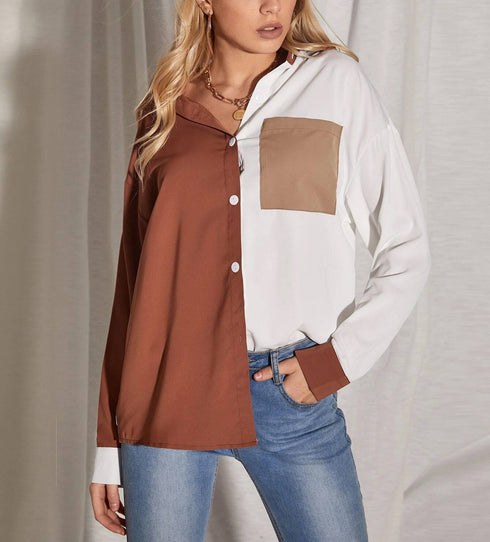 Contrast Stitching Top Pocket Long-Sleeved Chiffon Shirt
